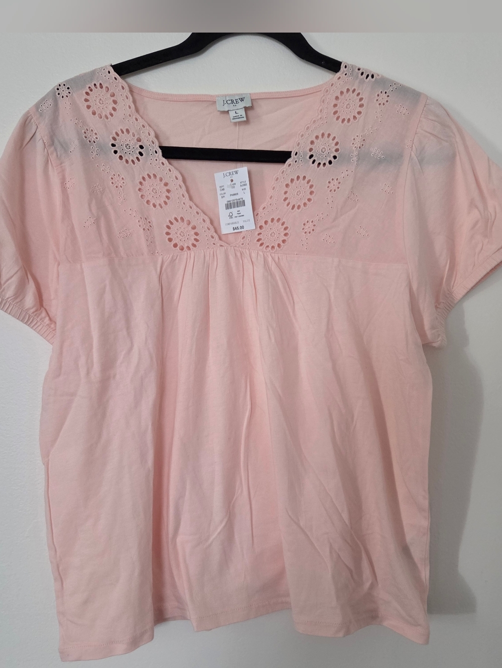 J. Crew Light Pink Eyelet Scoop Neck Cotton Blouse Sz Large